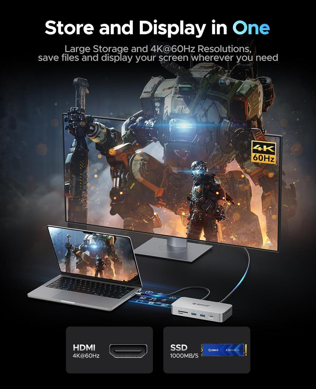 ORICO 512 GB External SSD Docking Station, SSD Expansion + Hub Extension, Up to1000MB/s, 10-in-1 USB C HUB with Internal SSD, Support 4K@60Hz HDMI Display, 100W PD, Ethernet, SD/TF, Mac Mini - SJ10