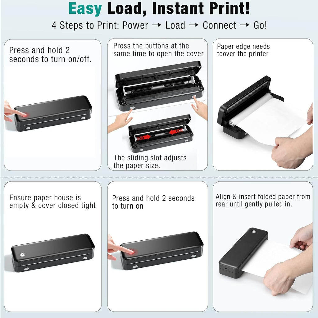 Portable Printer Wireless for Travel, Inkless Thermal Printer Supports 8.5 x 11 Inch Thermal Paper, Bluetooth Compatible with iOS, Android, Laptop Includes 2 Rolls & 10 Sheets of Paper Kit