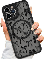 AIGOMARA Case for iPhone 15 Pro [Compatible with MagSafe] Black Ribbon Bow Pattern Design Soft TPU Bumper Hard PC Back Anti-Fall Shockproof Protective Slim Magnetic Cover for Women Girls