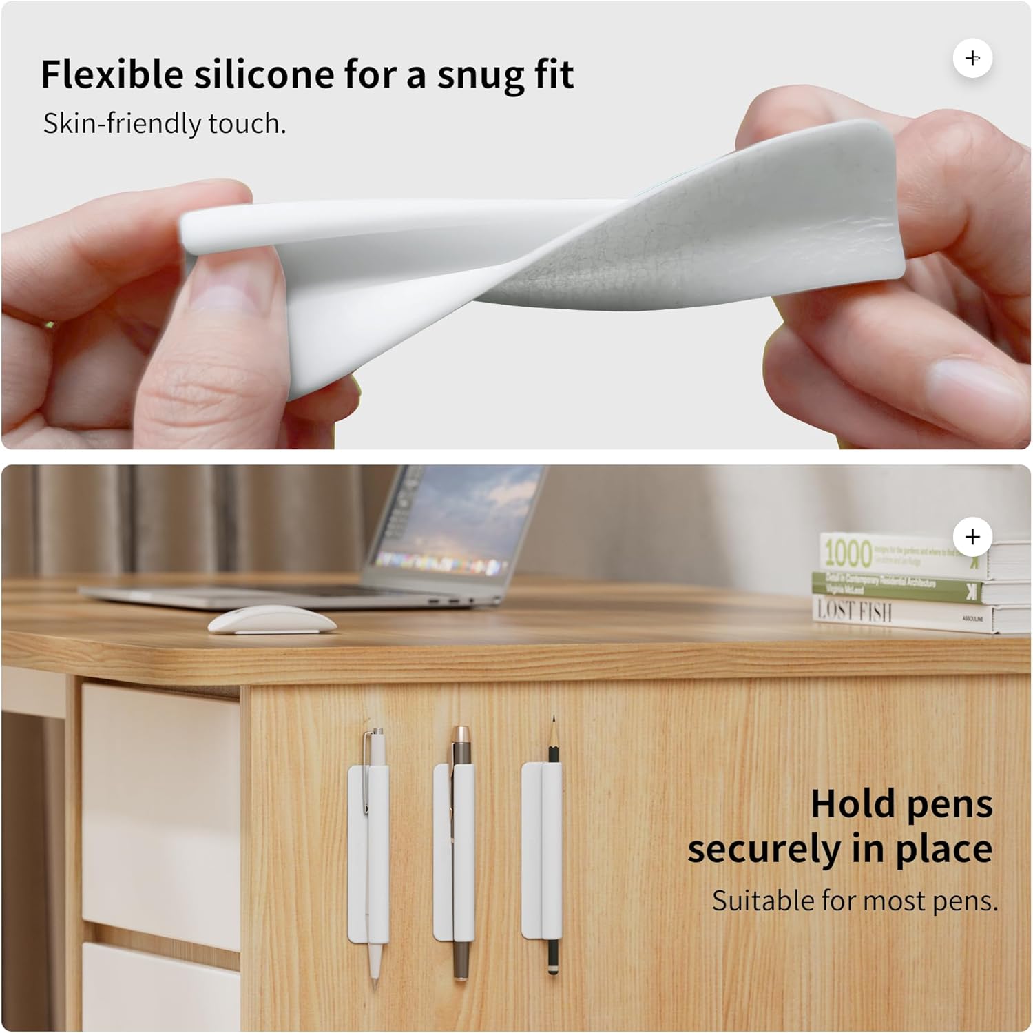 ELETIUO Pencil Holder For Most Pens,Pencils,Self-Adhesive Stick To Notebooks,Diary,Desks,Whiteboards Or Any Surface,Silicone Pen Holder For Home,Office And Desk Organization,White