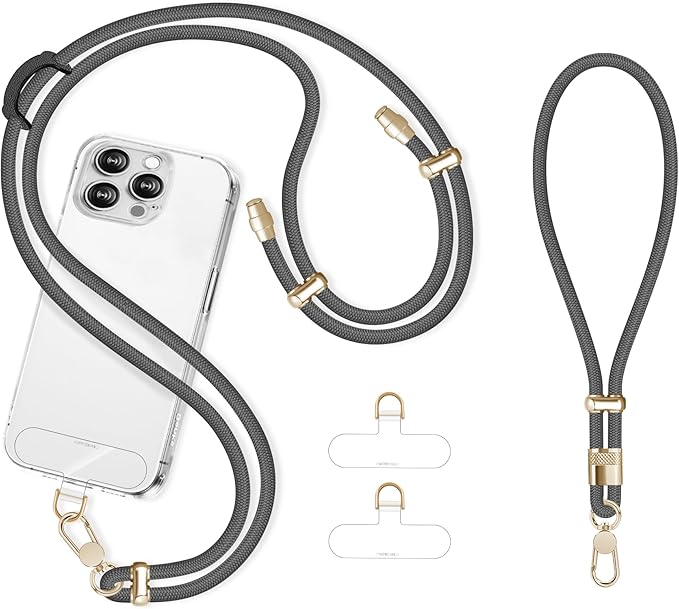 Cell Phone Lanyard Adjustable Crossbody Phone Lanyard *1 Phone Wrist Strap *1 with Deluxe Gold Matal Buckle + Clear Tether Tabs *2 for Shopping Travelling Hiking(BLACKGRAY)