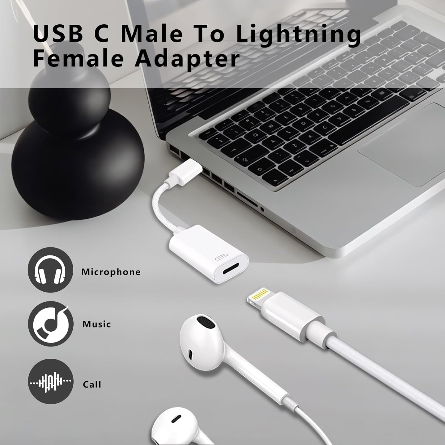 USB C to Lightning Headphone Audio Adapter, Type C Male to Female Lightning Earphone Converter with Charge/Data Transfer, Compatible with iPhone 17/16/15 Plus/Pro/Max, iPad Pro/Air 6/5/4, MacBook