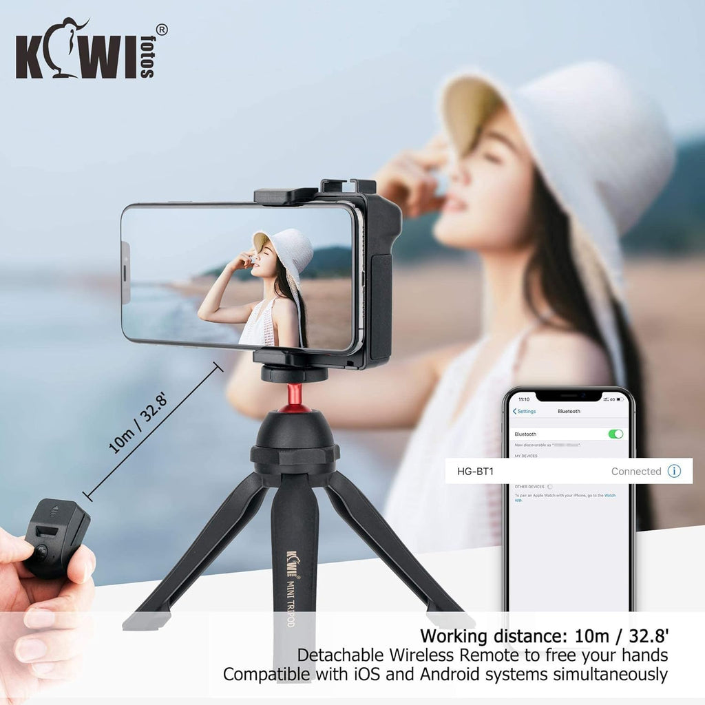 KIWIFOTOS Phone Camera Grip Handle Holder Phone Tripod Mount with Detachable Remote Shutter & Cold Shoe Adapter for iPhone 14 15 16 Pro Max Samsung Smartphone Selfie Vlog Video Shooting, Black