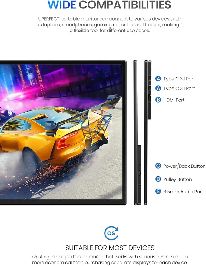 UPERFECT 21.5” 120HZ Portable Monitor w/Kickstand & VESA, Large Portable Gaming Monitor with HDMI Type C, External Dispaly for Laptops, Steamdeck, MacBook, Phones, Mini PC