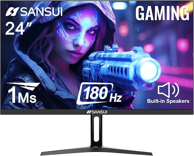 SANSUI 24 Inch Gaming Monitor 180Hz, Computer Monitor with Speakers 1*DP 2*HDMI Ports, FHD 1080P 110% sRGB VESA Support Eye Cares (One HDMI Cable Included ES-G24F4S)