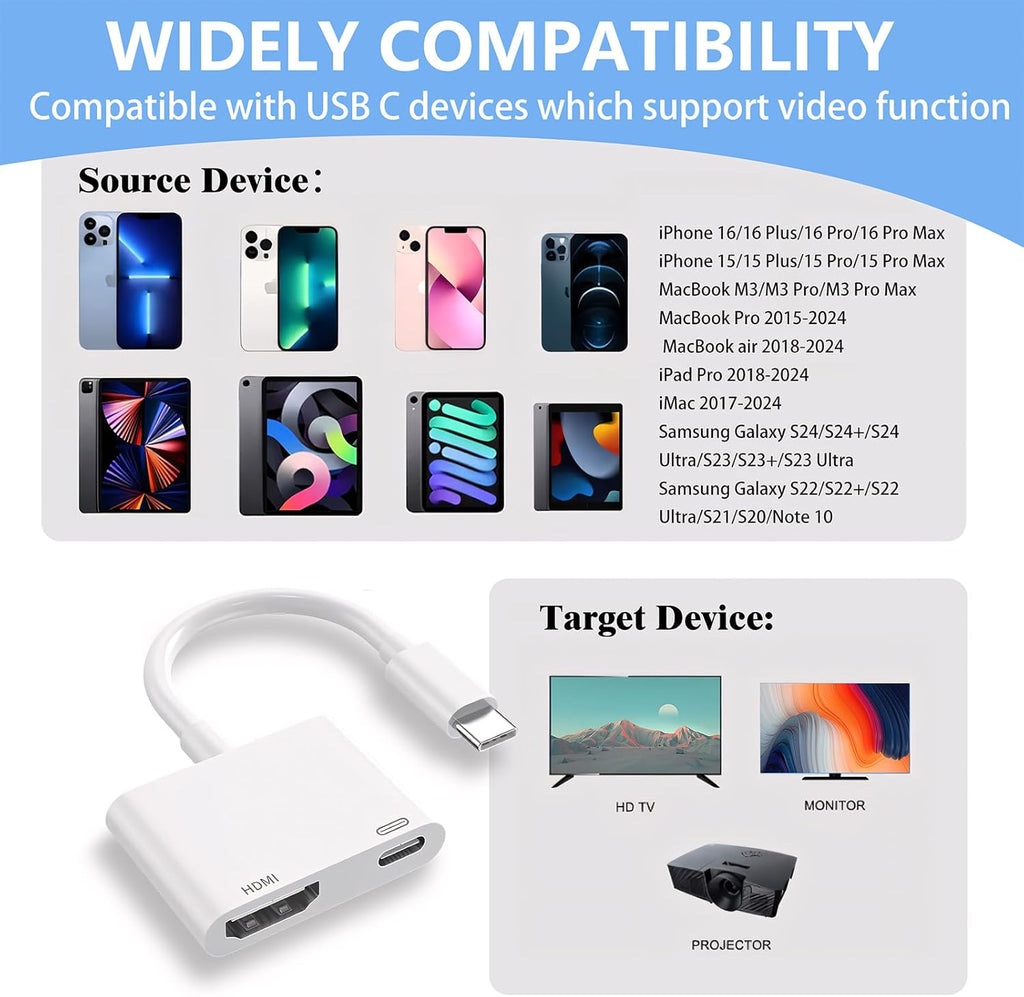 USB C to HDMI for TV, 4K@60Hz Type C to HDMI Adapter with Charging Port, iPhone to Hdmi to USB C Adapter Compatible for iPhone 16/15 Series/iPad Pro/Galaxy/MacBook Pro to HDTV Projector
