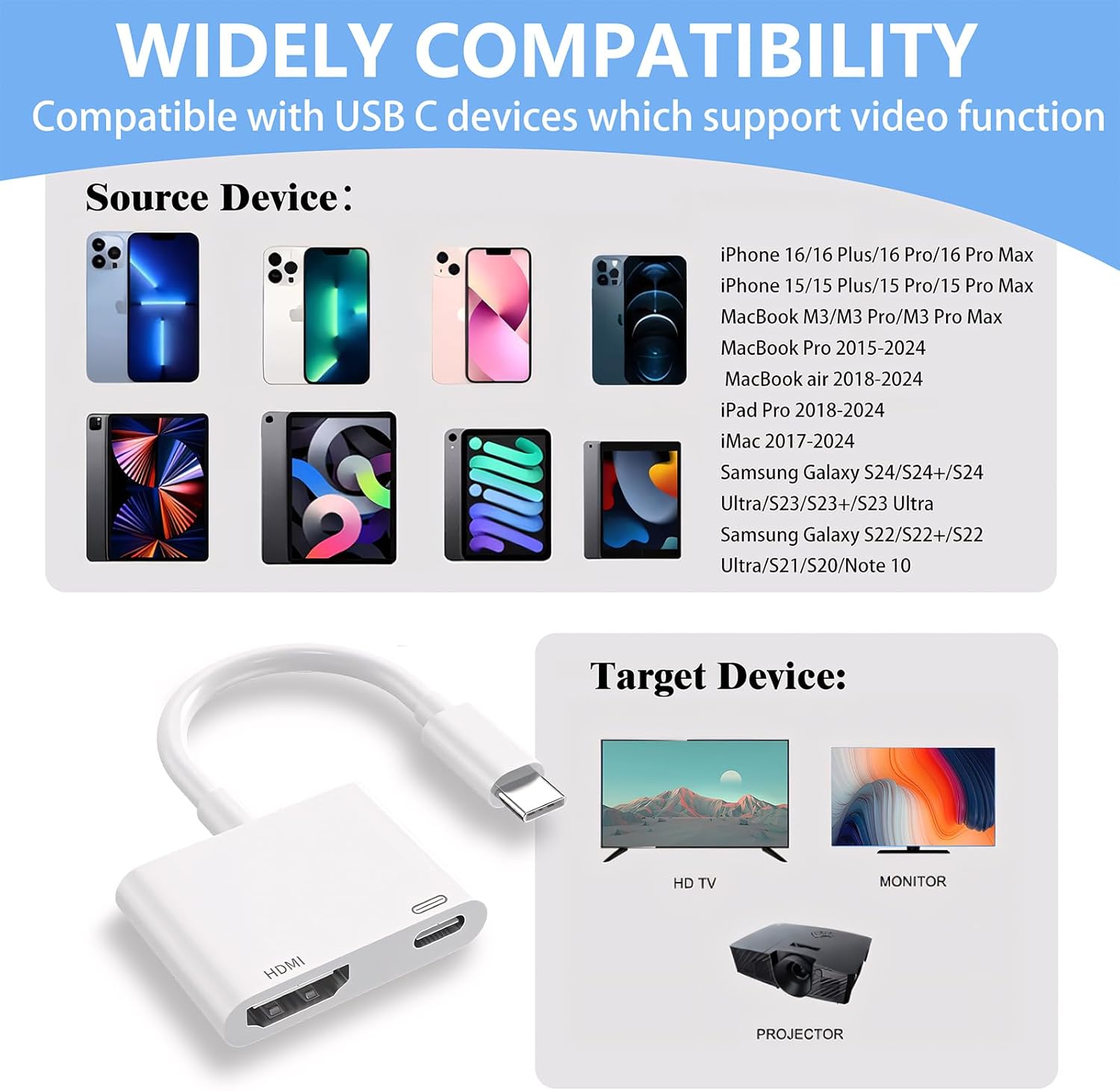 USB C to HDMI for TV, 4K@60Hz Type C to HDMI Adapter with Charging Port, iPhone to Hdmi to USB C Adapter Compatible for iPhone 16/15 Series/iPad Pro/Galaxy/MacBook Pro to HDTV Projector