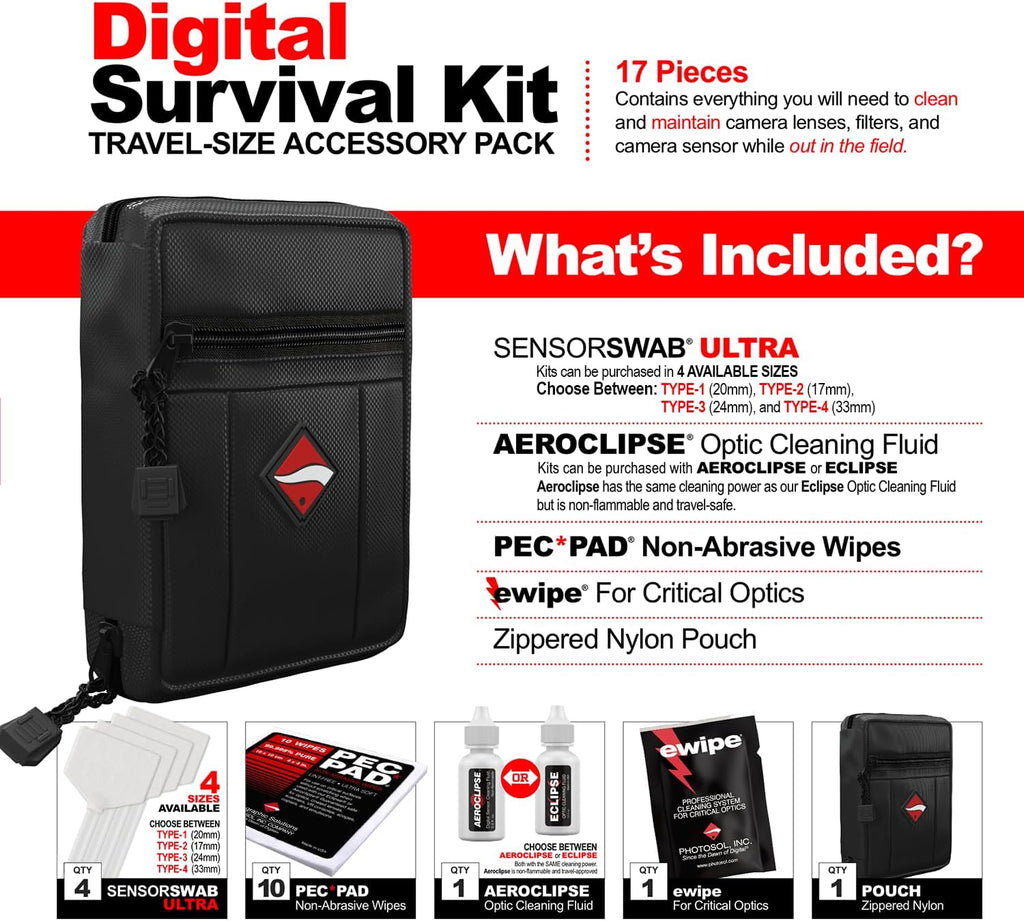 Photographic Solutions Digital Survival Kit - Type-4 (33mm) Sensor Swabs, PEC-PAD Photo Wipes, E-Wipe Packet, Aeroclipse Optic Cleaner Non-Flamable Solution - Camera Cleaning Kit with Travel Bag
