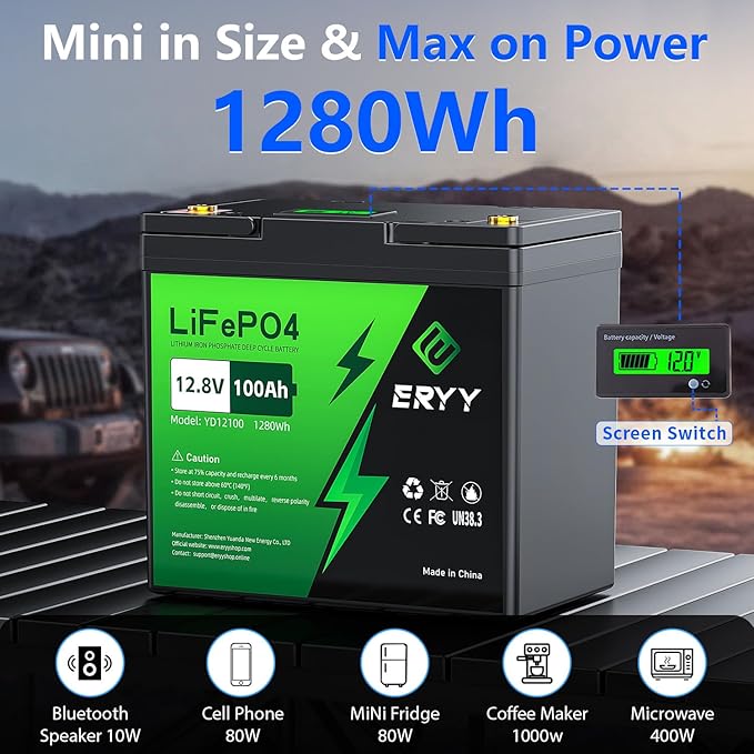 12V 100Ah LiFePO4 Battery - 2 Pack, Rechargeable 12v Lithium Batteries with 100A BMS, VoltMeter, 5000+ Deep Cycle 1.28kWh Higher Energy Density Battery for RV, Boat, Van, TrollingMotor(Mini Size)