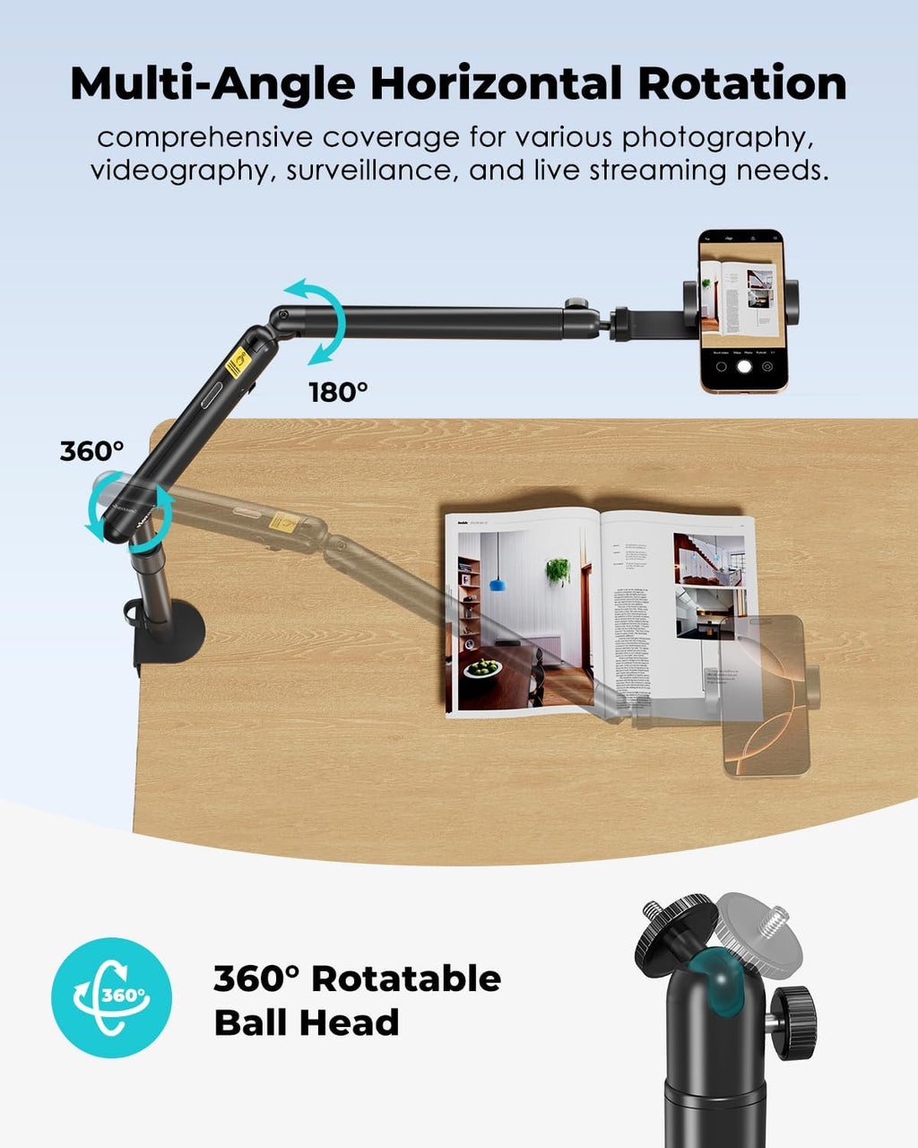 Viozon Overhead Camera Mount, Overhead Phone Stand, Flexible Aluminum Alloy Spring Arm with 360° Ball Head,1/4"&3/8" Interface for DSLR Camera/Rrojector/Microphone/Ring Light/Webcam/Phone