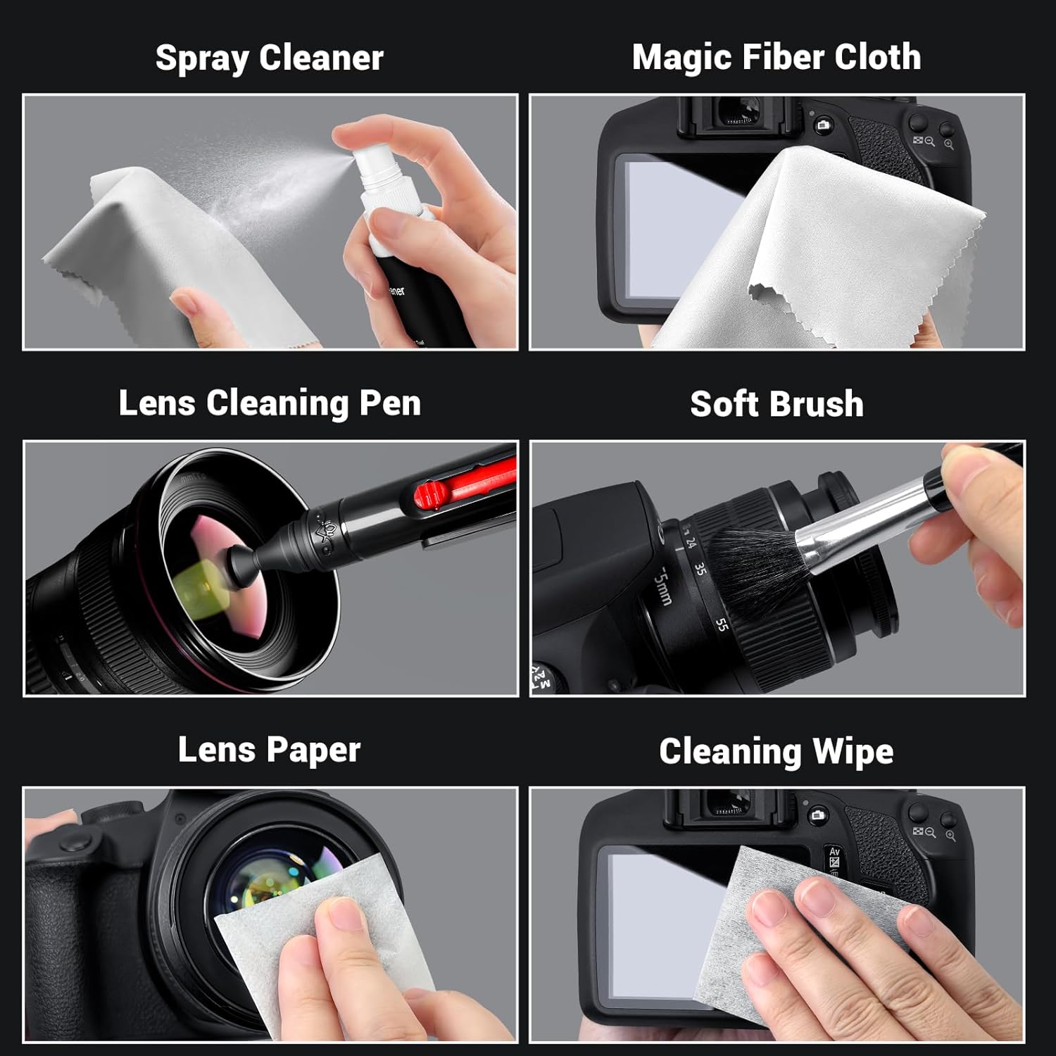 Updated Camera Lens and Sensor Cleaning Kit for Full Frame DSLR - 10x Swabs, Cleaner, and Essentials for Canon, Nikon, Sony