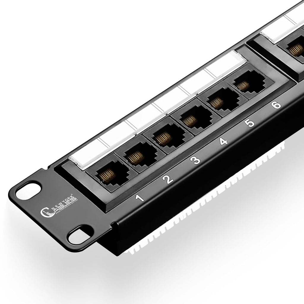 NewYork Cables 24 Port Cat6 Patch Panel – 10Gb Ethernet, 1U Rackmount 19-Inch, T568A/B Color-Coded Labels, Unshielded, 110/Krone Compatible, Black