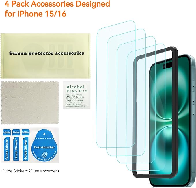 4 Pack Anti Blue Light Screen Protector for iPhone 16,iPhone15 [6.1inch] with Installation Frame,9H+ Anti Blue Light Tempered Glass, Anti-Scratch, Case Friendly