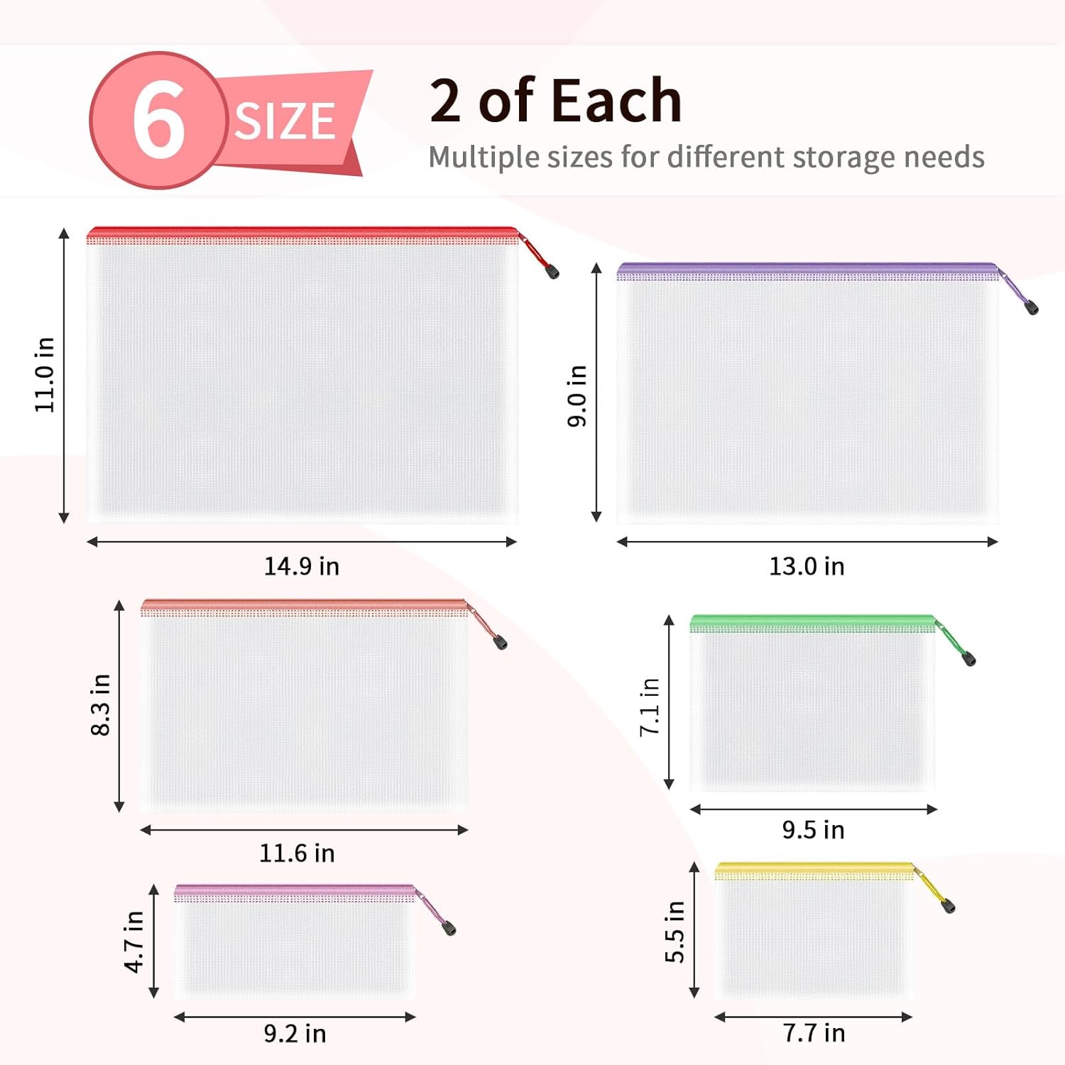 Umriox Zipper Bags, 6 Assorted Size (6 Colors, 12 Packs), Project Bags for Cross Stitch, Mesh Zipper Pouch for Office Supplies Travel Accessories and Board Games Storage