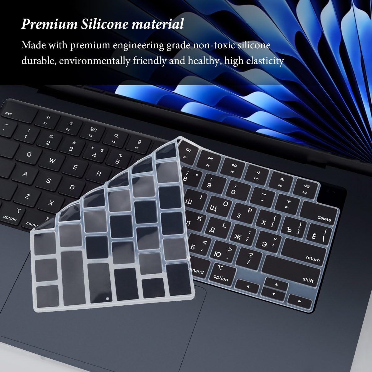 Russian Language Keyboard Cover Skin Compatible for 2025-2022 MacBook Air 15.3 inch A2941 A3114 A3241/MacBook Air 13.6 inch A3113 A2681 A3240 with M4 M3 M2,MacBook Air 2025 Keyboard Protector-Black