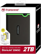 Transcend 2TB SJ25M3C, USB 3.1 Portable Hard Drive Rugged, Anti-Shock Resistant, Compact and Lightweight with Lightning-Fast Speeds, One Touch Backup Button, Type C, Iron Grey - TS2TSJ25M3C