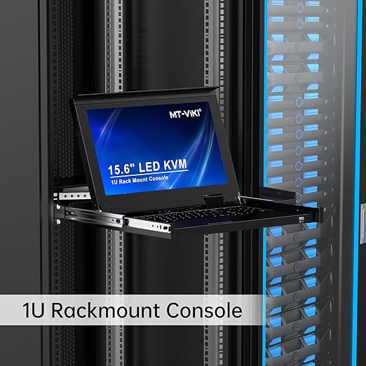 MT-VIKI 16 Port VGA KVM Console, 1U Rack Mount KVM Console w/15.6'' LCD Monitor, 1080P All-in-ONE LCD KVM Console Integrated Touchpad+Keyboard+Drawer+16 KVM Cables