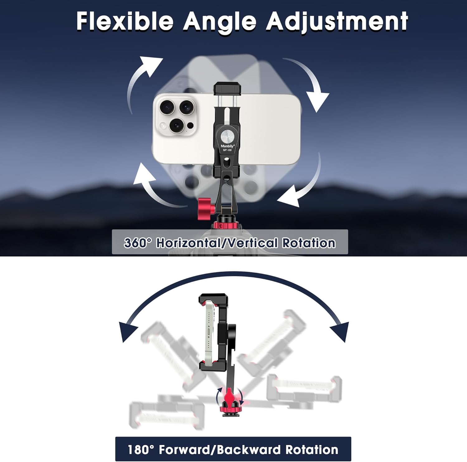 Manbily Phone Tripod Mount, Metal Smartphone Mount Adapter Camera Hot Shoe Mount, 360° Swivel 180° Flip Adjustable Phone Holder for Microphone LED Light（SP-09