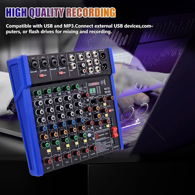EXOTON Professional Audio Mixer Console, 6 Channel with USB, Bluetooth, MP3 Input, 48V Phantom Power, Ideal for Studio, Live Performance, and DJ Use