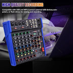 EXOTON Professional Audio Mixer Console, 6 Channel with USB, Bluetooth, MP3 Input, 48V Phantom Power, Ideal for Studio, Live Performance, and DJ Use