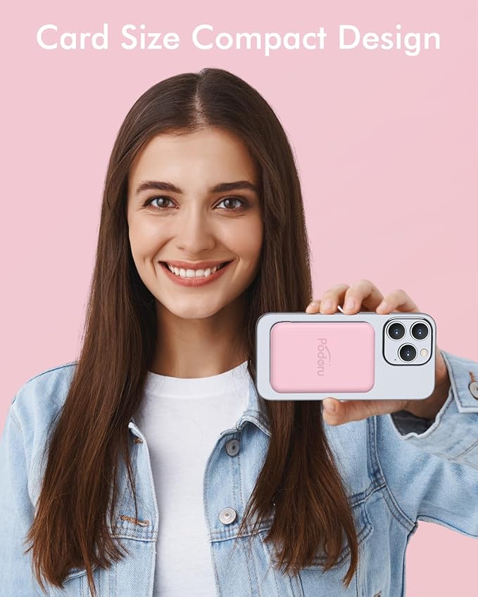 podoru for Magsafe Battery Pack, 5000mAh Magnetic Power Bank with Type-C Cable 20W PD Fast Charging Lighting Input Wireless Portable Charger for iPhone 16/15/14/13/12/ All Series-Pink