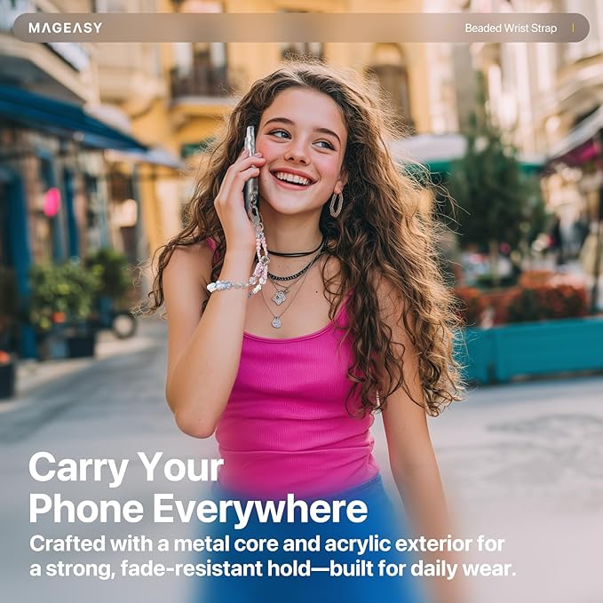 MAGEASY Beaded Phone Charm for Women - Cell Phone Wrist Strap with Teather Tab, Designed for iPhone & Android Phones, Keychain, Camera - Midnight Heart