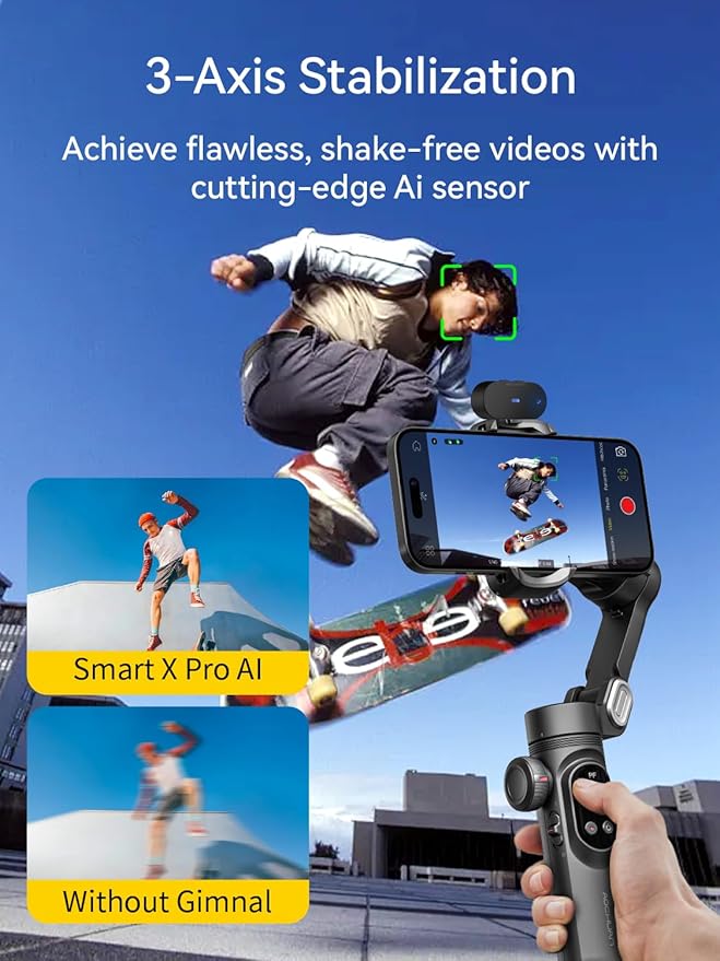 Gimbal Stabilizer for iPhone with AI Vision Sensor for Face Tracking, 3-Axis Phone Gimbal w/OLED Display for Vlog Recording, Compatible with iPhone/Android-Smart XPro AI Black