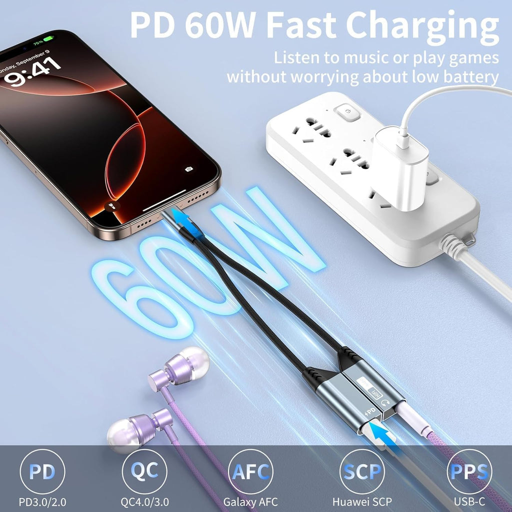 Quanlex 2 in 1 Magnetic USB C to 3.5mm Headphone Jack Adapter and Charger, USB C to Aux Audio Jack Hi-Res 32bit/384kHz with PD 60W Fast Charging Dongle Cable for iPadiPhone 16/15