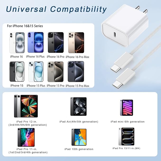 10FT iPhone 16e Charger Fast Charging,2Pack 20W USB C Apple 16e 15 Pro Charger Block & 10Foot Long USBC Woven Cable Cord for iPhone 16/16e/16 Pro Max/16 Pro/16 Plus/15/15 Pro Max/15 Plus/iPad Pro 12.9