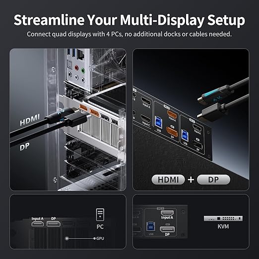 TESmart Quad Monitor HDMI+DP MST KVM Switch 4 Monitors 4 Computers 4K@60Hz, USB 3.0 KVM Docking Station, Audio&Microphone, EDID emulators, Hotkey Switch, Rack-Ears, with Input Cables