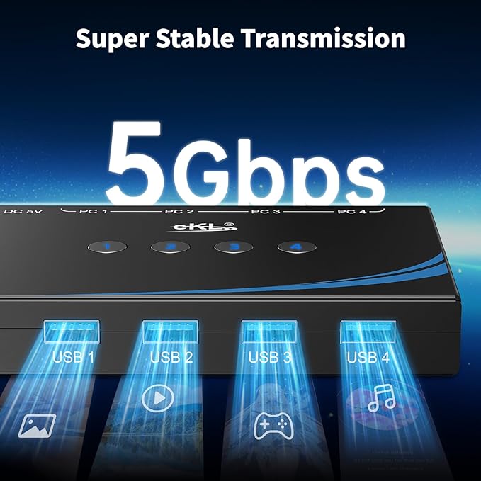 eKL USB 3.0 Switch 4 Computers Share 4 USB 3.0 Ports USB Switcher for PC Laptop Mouse Keyboard Scanner Printer One Button Switch with 3.5mm Headphone Jack and 4 Pack Cables