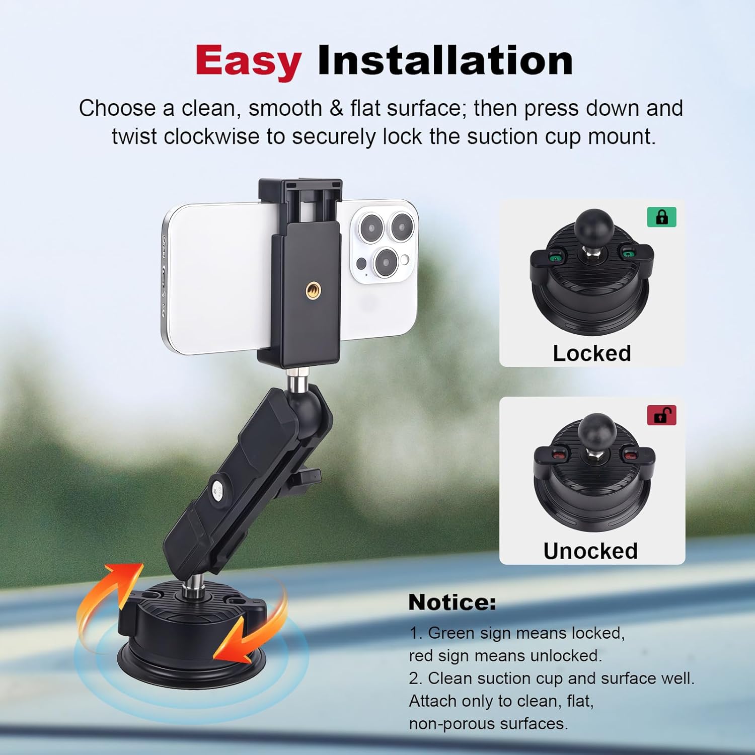 Camera Suction Cup Mount with Ball Head Magic Arm, Universal 360°Vacuum Suction Cup Mount for Action Cameras/GoPr0 Hero 13/DJI Osmo X4/Phone Holder on Car Windshield,Dashboard-Video Shooting,JC028
