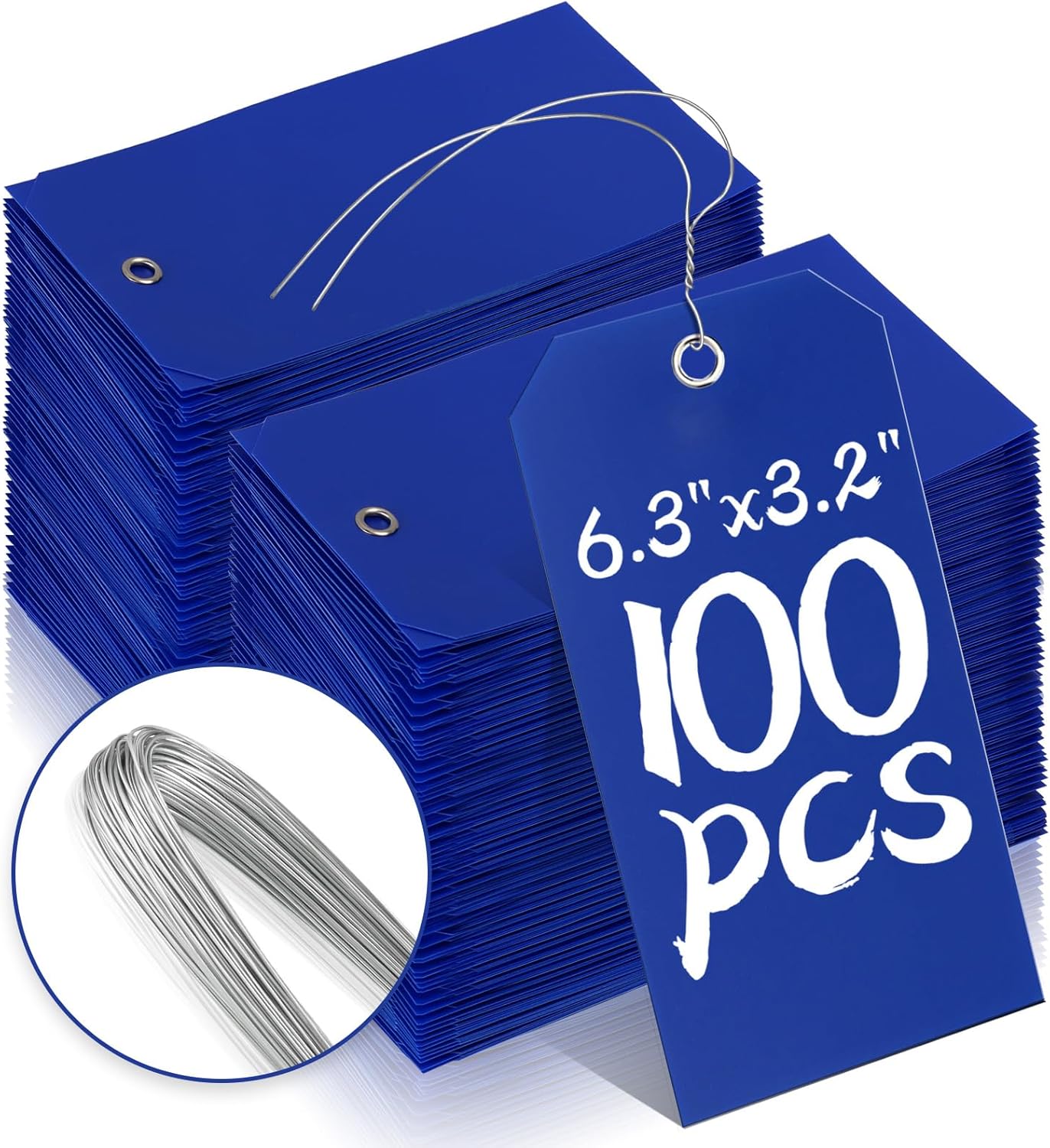 100 Pieces Plastic Shipping Tags with Wires Blank Labeling Tags Waterproof Hang Tags with Reinforcement Hole Durable Wire Tags Labels Stacking Tags for Equipment Parts (Dark Blue, 6 1/4" x 3 1/8")
