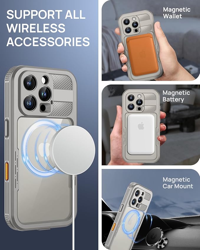 Lanhiem Magnetic for iPhone 16 Pro Case, IP68 Waterproof Dustproof Case, [Compatible with Magsafe] [Built-in Screen Protector] Full Body Heavy Duty Rugged Phone Cover 6.3 inch, Natural