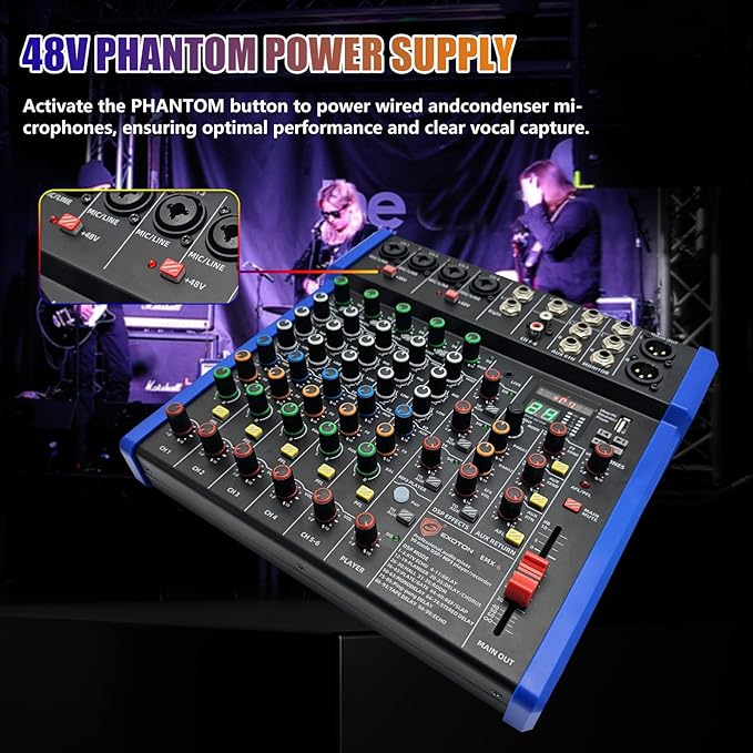 EXOTON Professional Audio Mixer Console, 6 Channel with USB, Bluetooth, MP3 Input, 48V Phantom Power, Ideal for Studio, Live Performance, and DJ Use