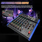EXOTON Professional Audio Mixer Console, 6 Channel with USB, Bluetooth, MP3 Input, 48V Phantom Power, Ideal for Studio, Live Performance, and DJ Use