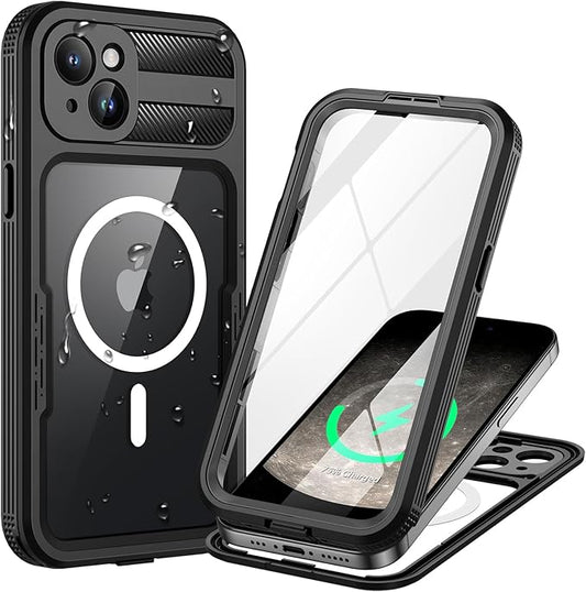 Lanhiem Magnetic for iPhone 15 Plus Case, IP68 Waterproof Dustproof Case, [Compatible with Magsafe] [Built-in Screen Protector] Full Body Heavy Duty Rugged Phone Cover 6.7 inch, Black/Clear