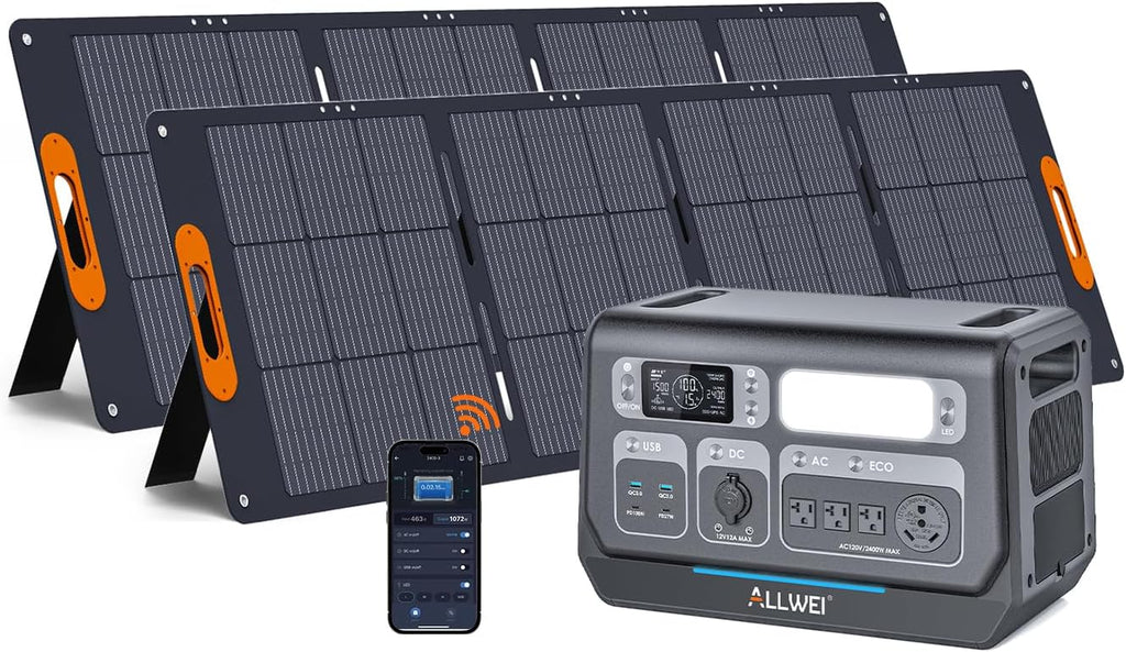 ALLWEI LiFePO4 Solar Generator 2400W with 2x 200W Solar Panels, 2048Wh Portable Power Station, Fast Charge in 1.5H, 4 AC Outlet, Home Battery Backup for RV Outdoor Camping Emergency Power Outage