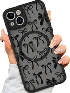 AIGOMARA Case for iPhone 15 Plus [Compatible with MagSafe] Black Ribbon Bow Pattern Design Soft TPU Bumper Hard PC Back Anti-Fall Shockproof Protective Slim Magnetic Cover for Women Girls