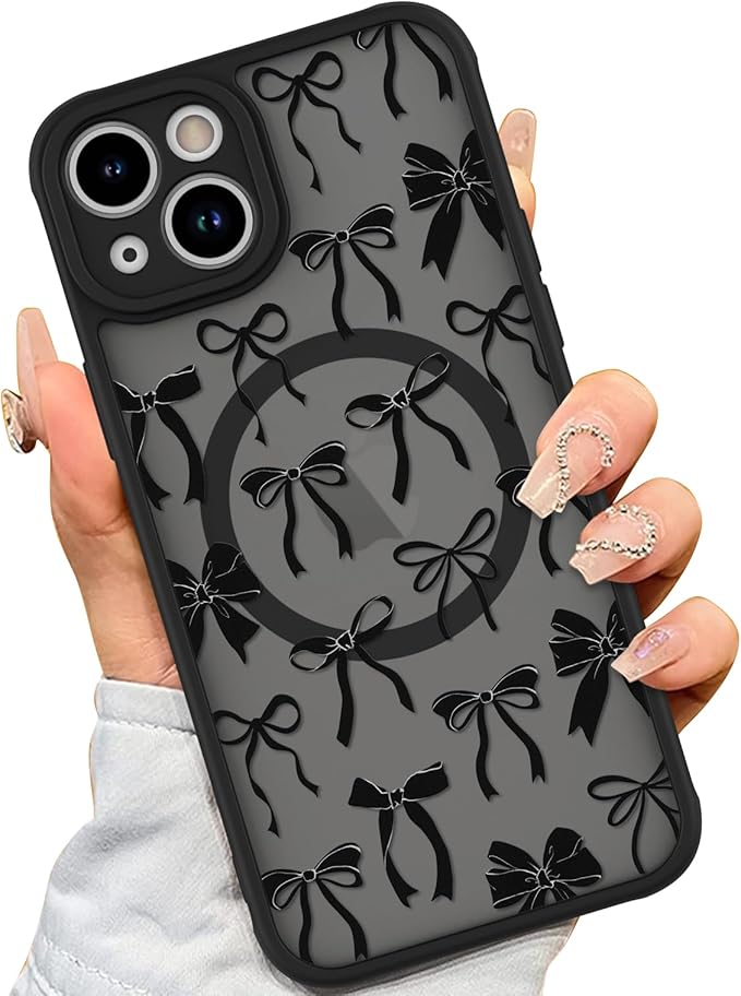 AIGOMARA Case for iPhone 15 Plus [Compatible with MagSafe] Black Ribbon Bow Pattern Design Soft TPU Bumper Hard PC Back Anti-Fall Shockproof Protective Slim Magnetic Cover for Women Girls