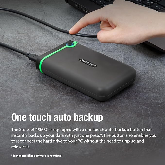 Transcend 4TB SJ25M3C, USB 3.1 Portable Hard Drive Rugged, Anti-Shock Resistant, Compact and Lightweight with Lightning-Fast Speeds, One Touch Backup Button, Type C, Iron Grey - TS4TSJ25M3C