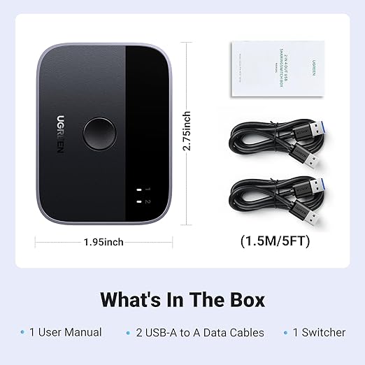 UGREEN USB 3.0 Switch 2 in 2 Out, USB Switcher 2 Computers Sharing Keyboard and Mouse Printer Scanner Webcam, Printer Splitter for 2 Computers, 2 Port USB Selector Switch with 2 USB3.0 Cables