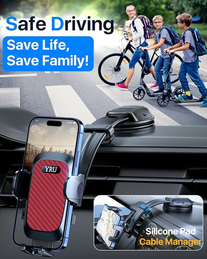 YRU [2025 Ultimate Car Phone Holder [Bendable & Adjustable Aluminum Arm] Cell Phone Automobile Cradles Dashboard Windshield Pickup Truck Phone Mount for iPhone 16 15 14 13 Pro Max Samsung,Tomato Red