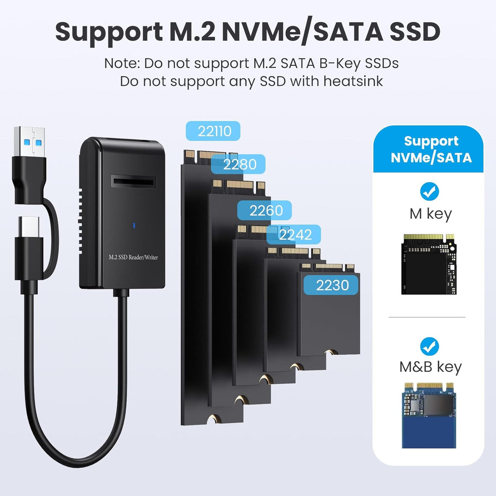 CY USB 3.0 USB-C Type-C Type-A to NVME M-Key M.2 NGFF SATA SSD Docking Horizontal External Cable Enclosure RTL9210B Chipset
