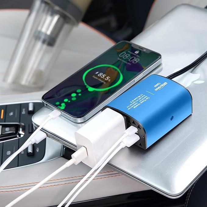 150W Car Power Inverter DC 12V to 110V AC Car Plug Outlet Adapter with PD 25W USB C & QC3.0 Car Laptop Charger-Blue