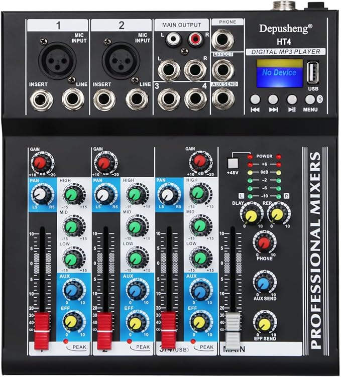Depusheng HT4 Bluetooth Compatible Professional Portable Digital DJ Console w/USB 4 Channel Mixer Audio Interface-Mixing Boards For Studio Recording, Black