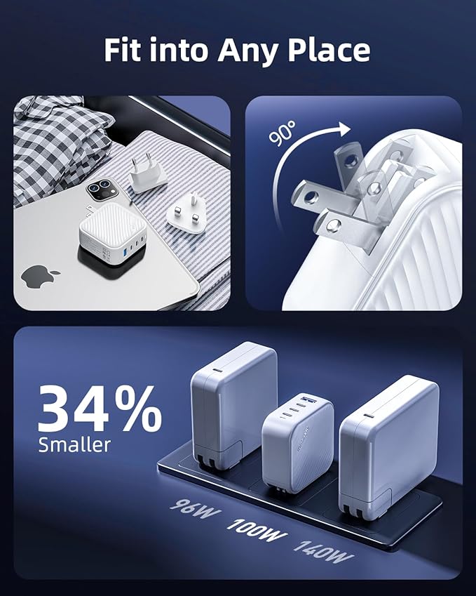 100W USB C Charger 4 Port GaN Wall Charger Block Compact Power Adapter with Folable Plugs for MacBook Air/Pro, Laptop, Tablet, iPad, iPhone, Samsung Galaxy, Apple Watch and More