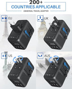 DOACE Universal Travel Adapter, 100W GaN 3.0 European Travel Plug Adapter with Built-in USB-C Cable, 6 in 1 International Power Adapter with 5 USB Ports for EU/UK/USA/AUS(Black)