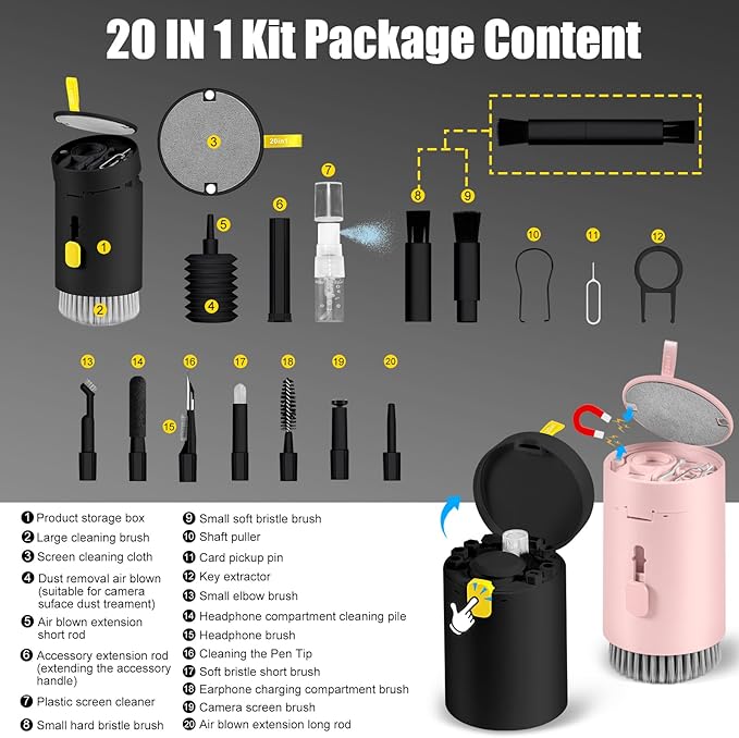 walrfid 2pcs Computer Keyboard Cleaner Kit, Laptop Screen Cleaning Spray for iPhone AirPod Phone MacBook iPad, 20-in-1 Electronic Clean Brush Tool for Earbud iPod TV Earphone Camera, Black Pink