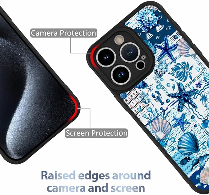 AIGOMARA Magnetic Case for iPhone 15 Pro [Compatible with MagSafe] Blue Shell Starfish Ocean Holiday Collage for Women Girls Men Soft TPU Bumper Hack PC Back Heavy Duty Protective Slim Cover